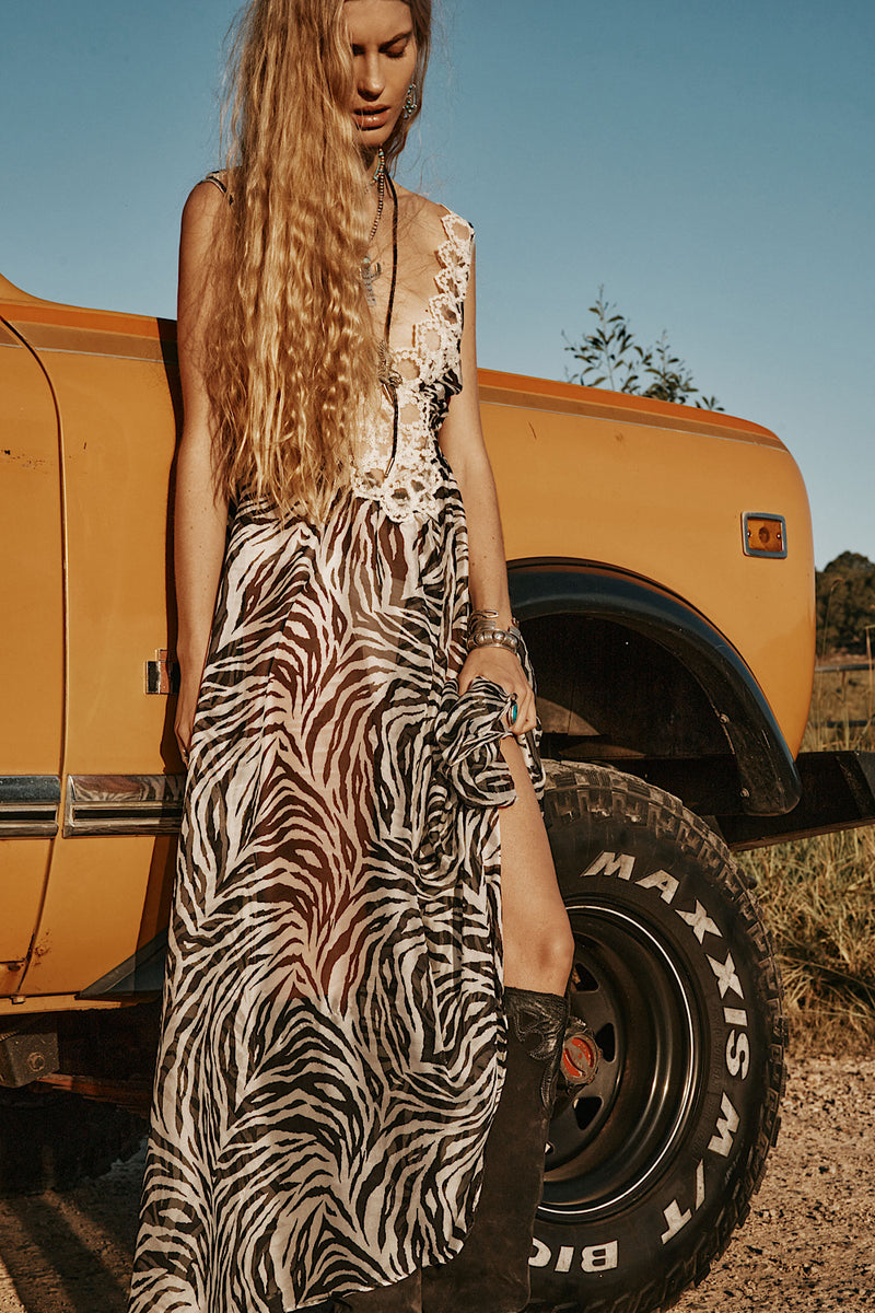 Just For A Moment Silk + Lace Maxi Dress - Zebra