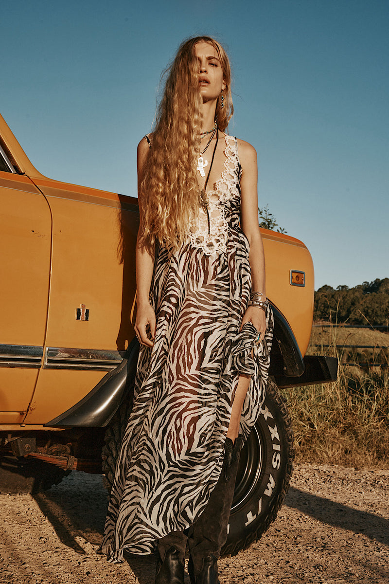 Just For A Moment Silk + Lace Maxi Dress - Zebra