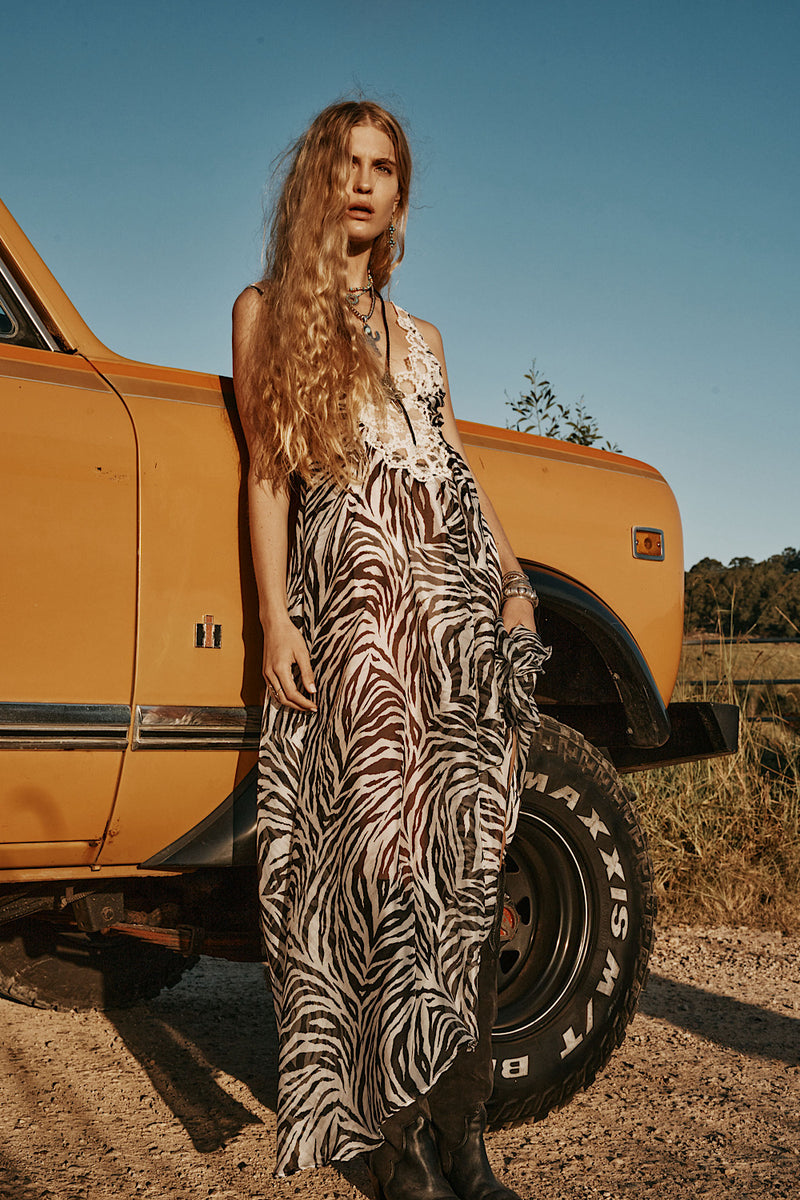 Just For A Moment Silk + Lace Maxi Dress - Zebra