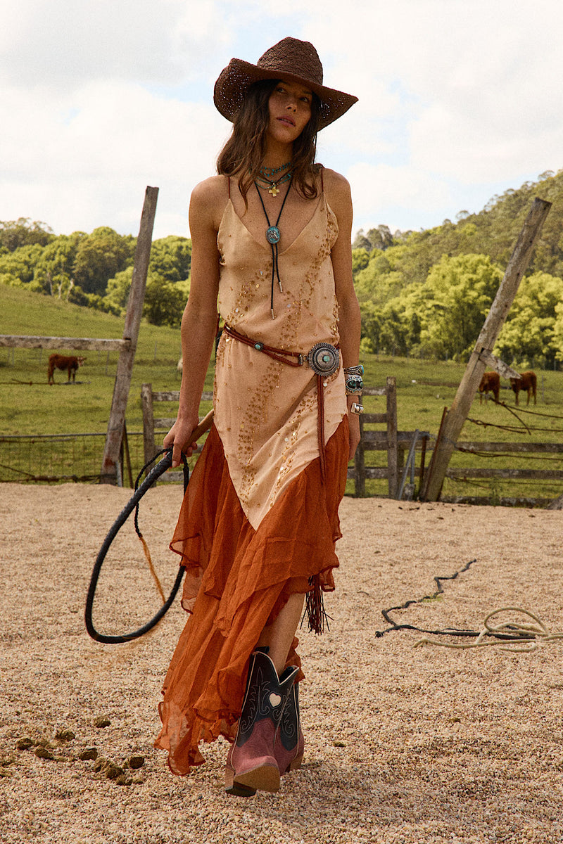 Scarborough Fair Silk Ruffle Beaded Midi Dress