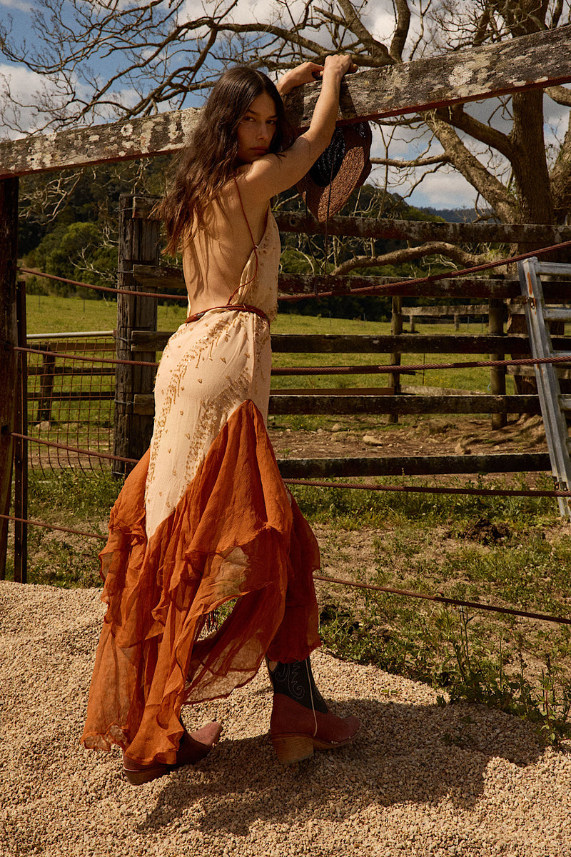 Scarborough Fair Silk Ruffle Beaded Midi Dress