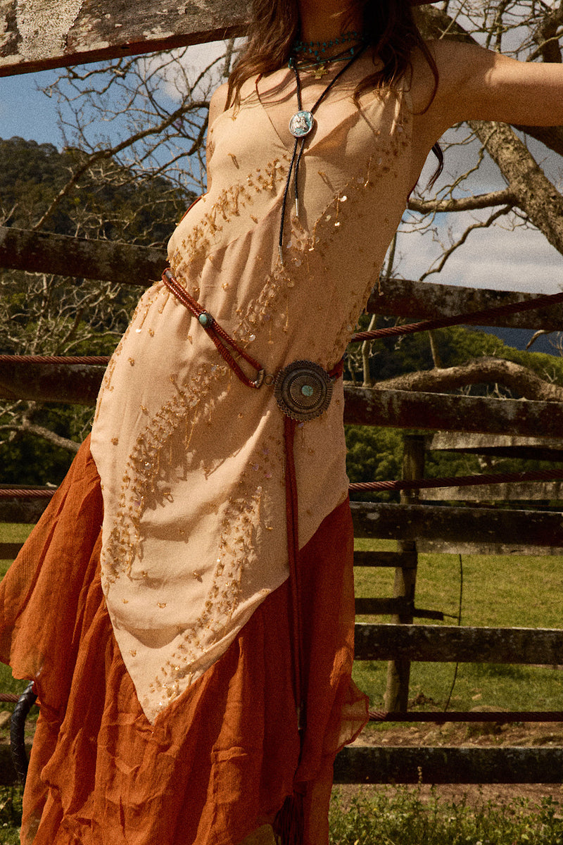 Scarborough Fair Silk Ruffle Beaded Midi Dress