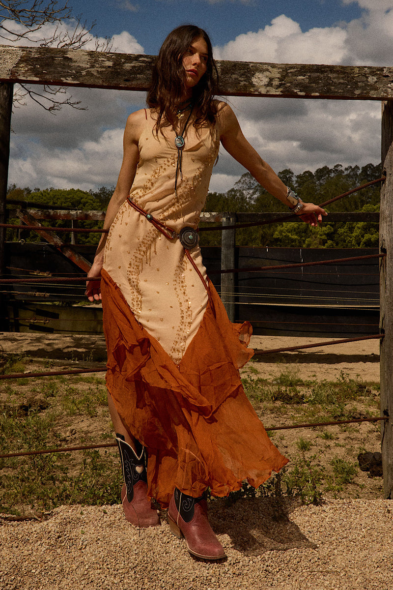 Scarborough Fair Silk Ruffle Beaded Midi Dress