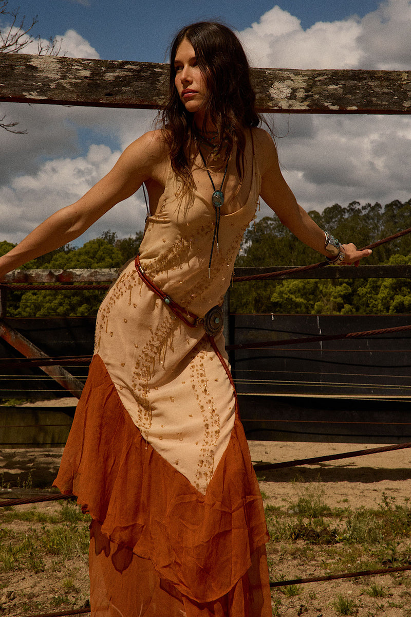 Scarborough Fair Silk Ruffle Beaded Midi Dress