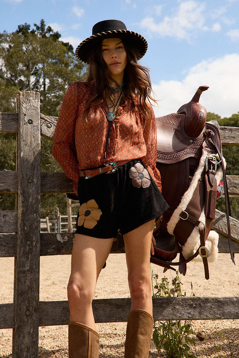Break On Through Raw Silk Blouse - Rust Geo