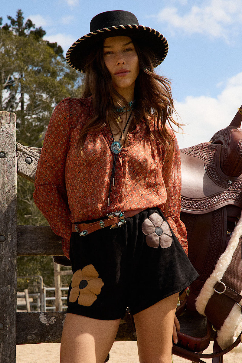 Break On Through Raw Silk Blouse - Rust Geo