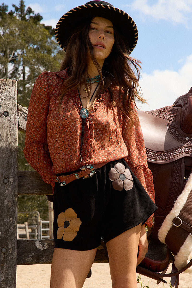 Break On Through Raw Silk Blouse - Rust Geo