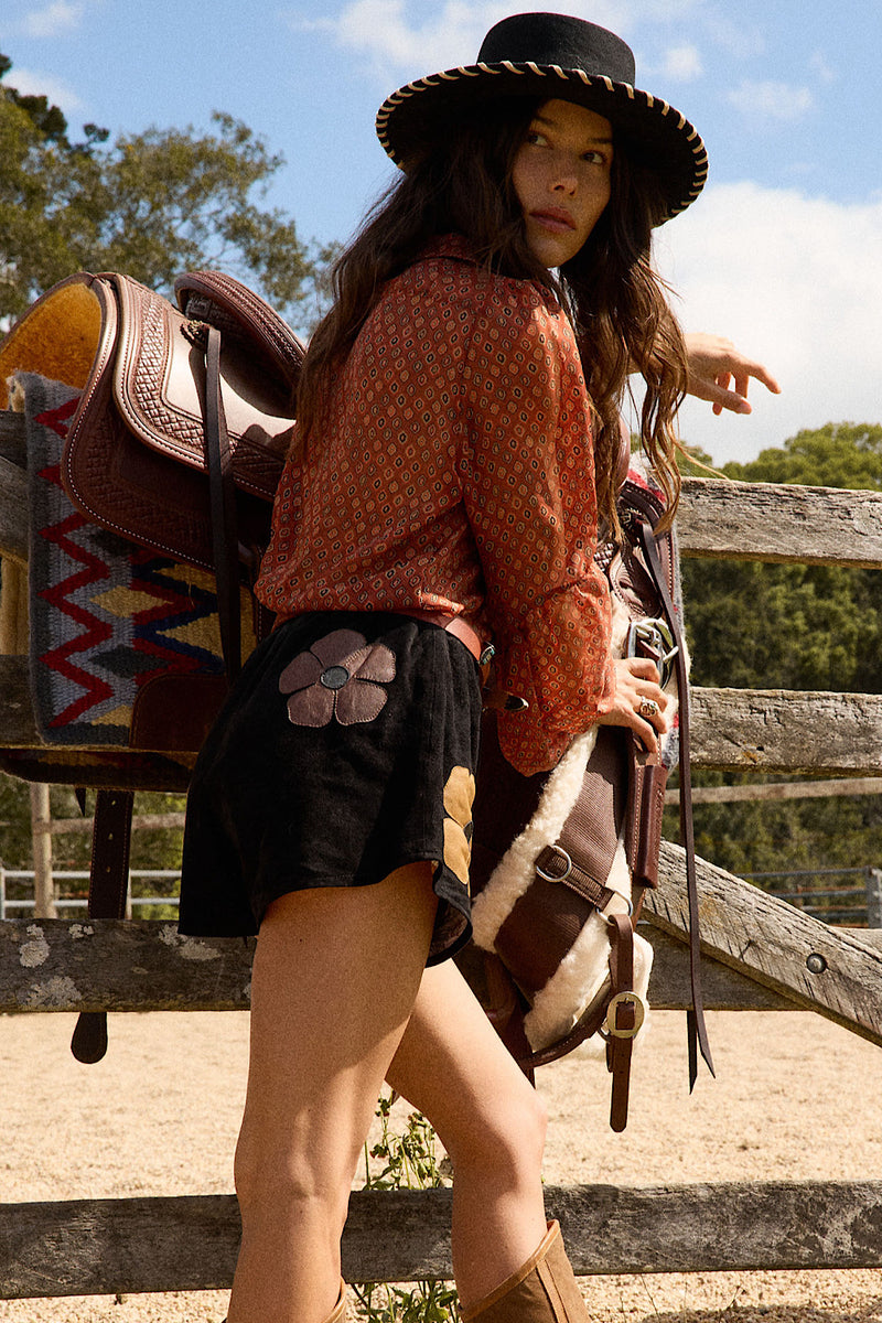 Break On Through Raw Silk Blouse - Rust Geo
