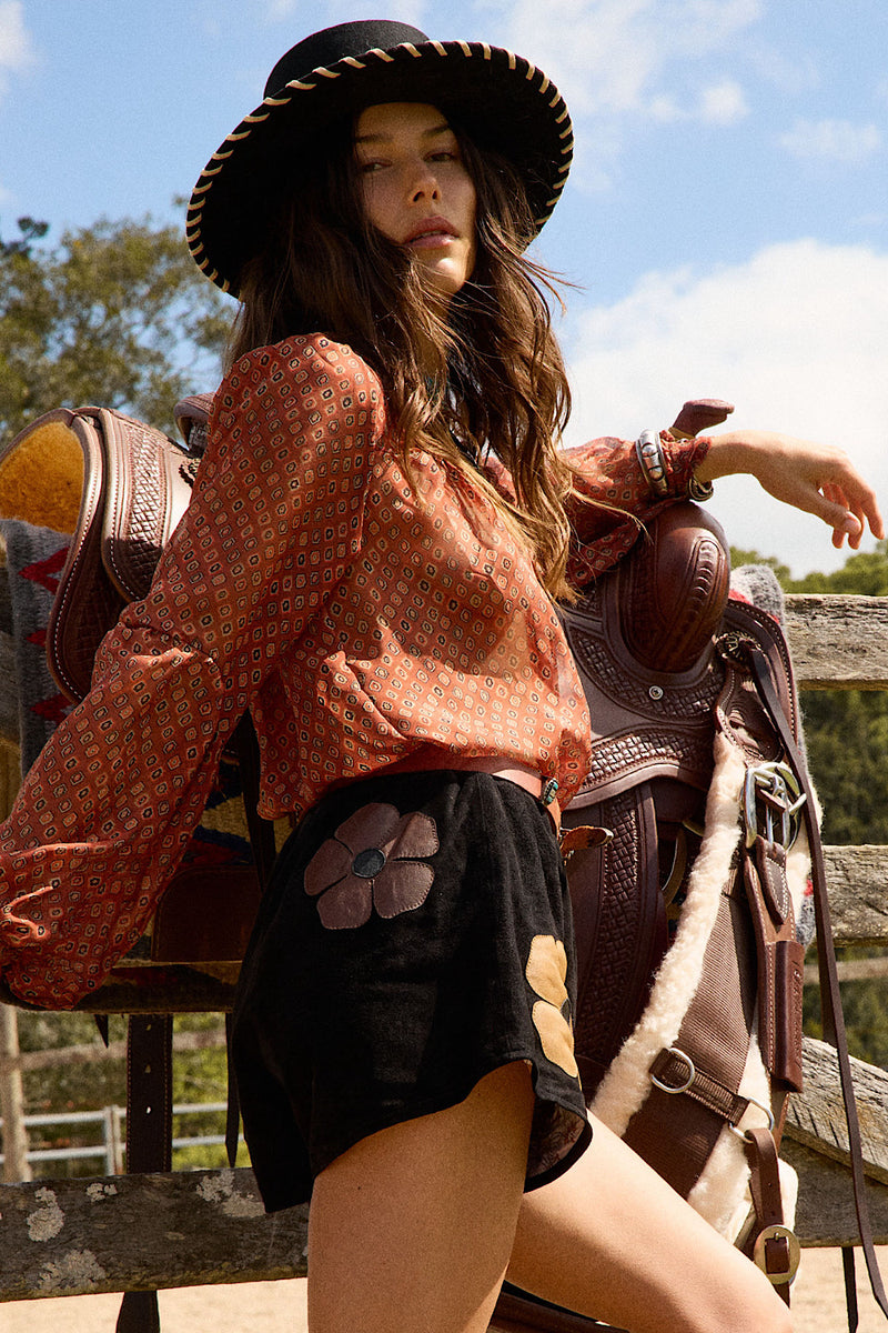 Sun To Me Appliqué Flower Suede + Leather Shorts
