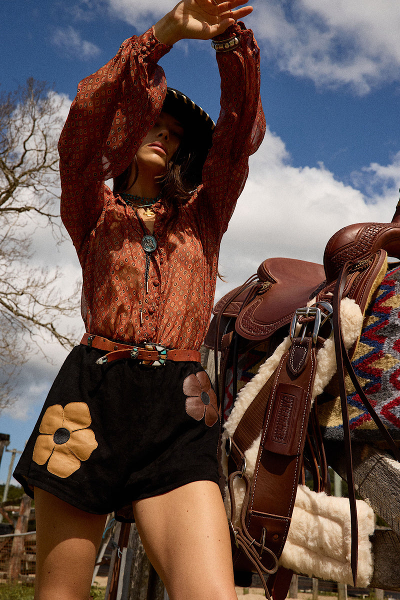Break On Through Raw Silk Blouse - Rust Geo