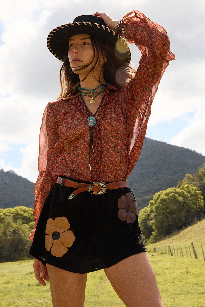 Break On Through Raw Silk Blouse - Rust Geo
