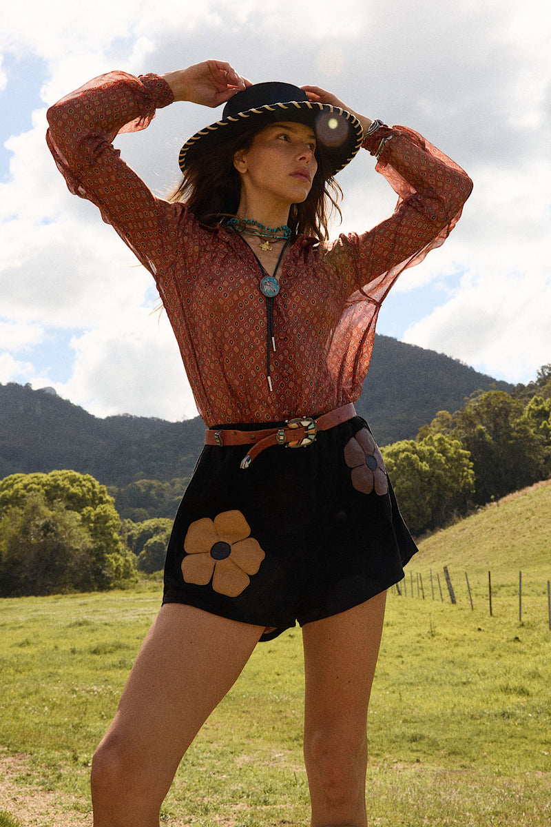 Break On Through Raw Silk Blouse - Rust Geo
