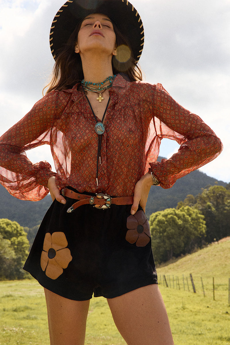 Break On Through Raw Silk Blouse - Rust Geo