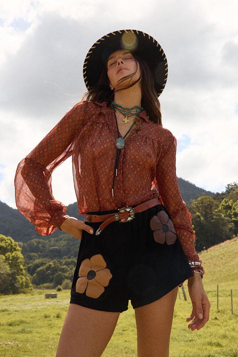 Break On Through Raw Silk Blouse - Rust Geo