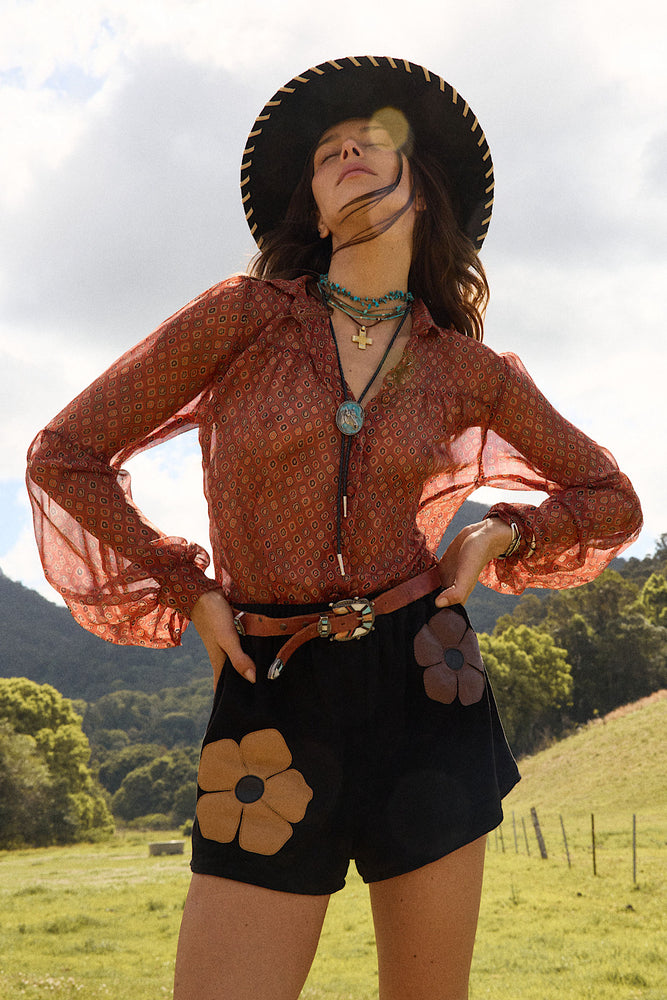 Break On Through Raw Silk Blouse - Rust Geo