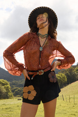 Break On Through Raw Silk Blouse - Rust Geo
