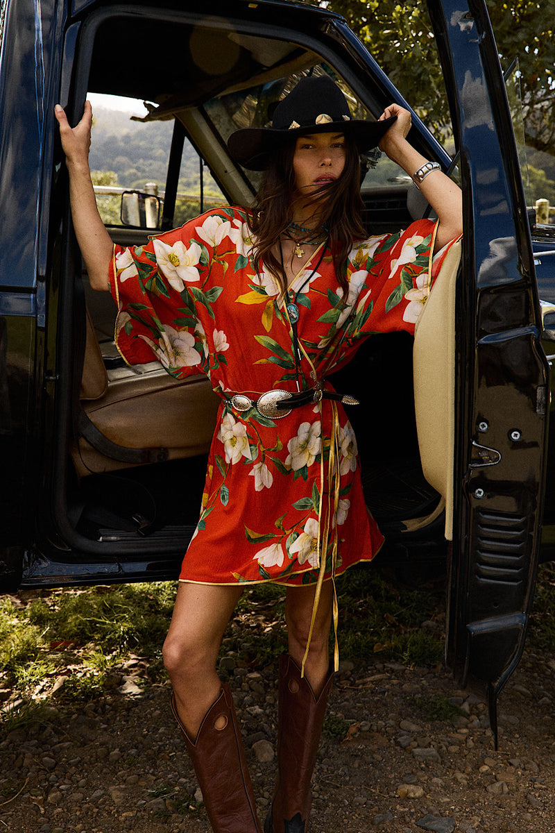 Sweet Talkin' Woman Silk Robe Wrap Dress - Red Floral