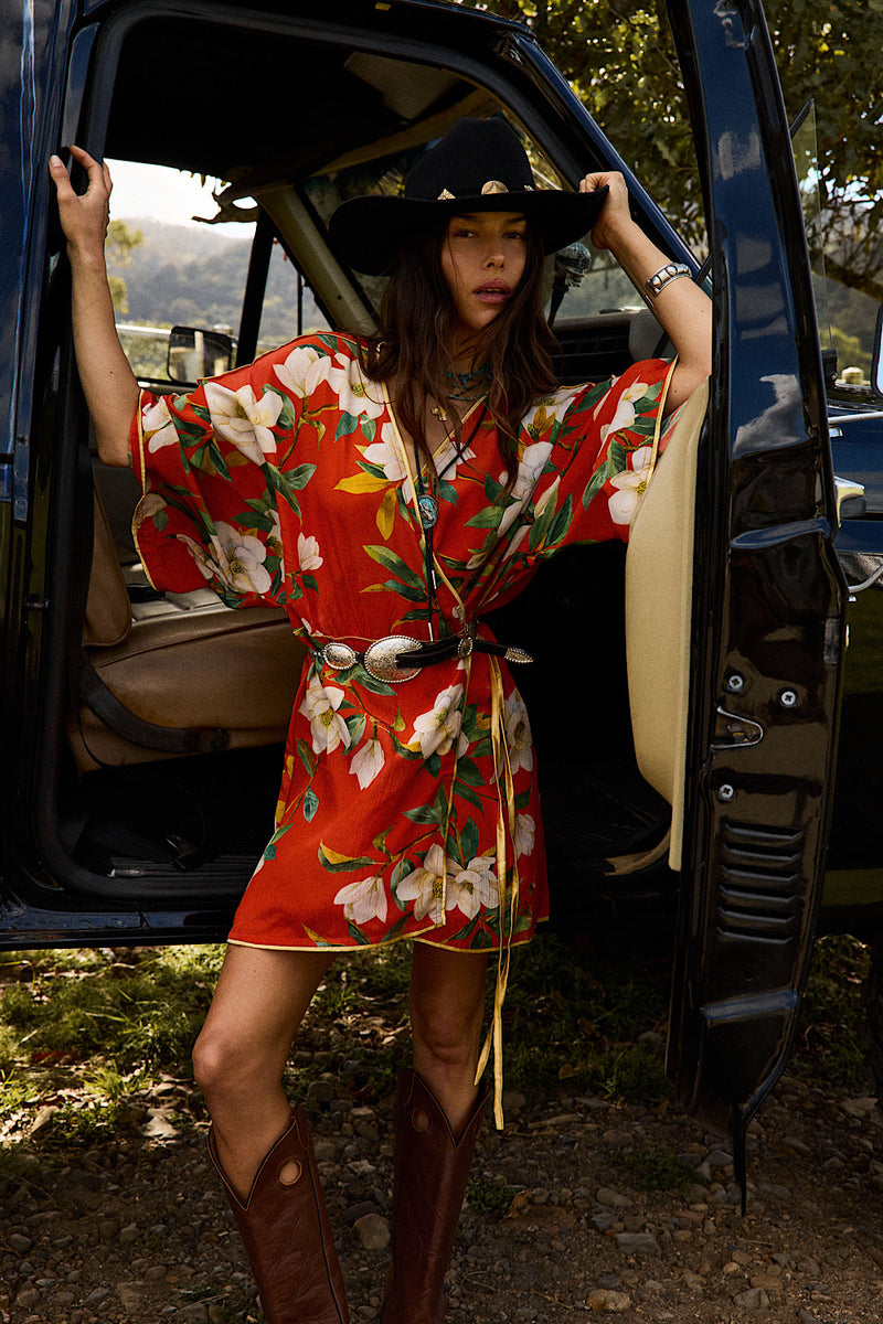 Sweet Talkin' Woman Silk Robe Wrap Dress - Red Floral
