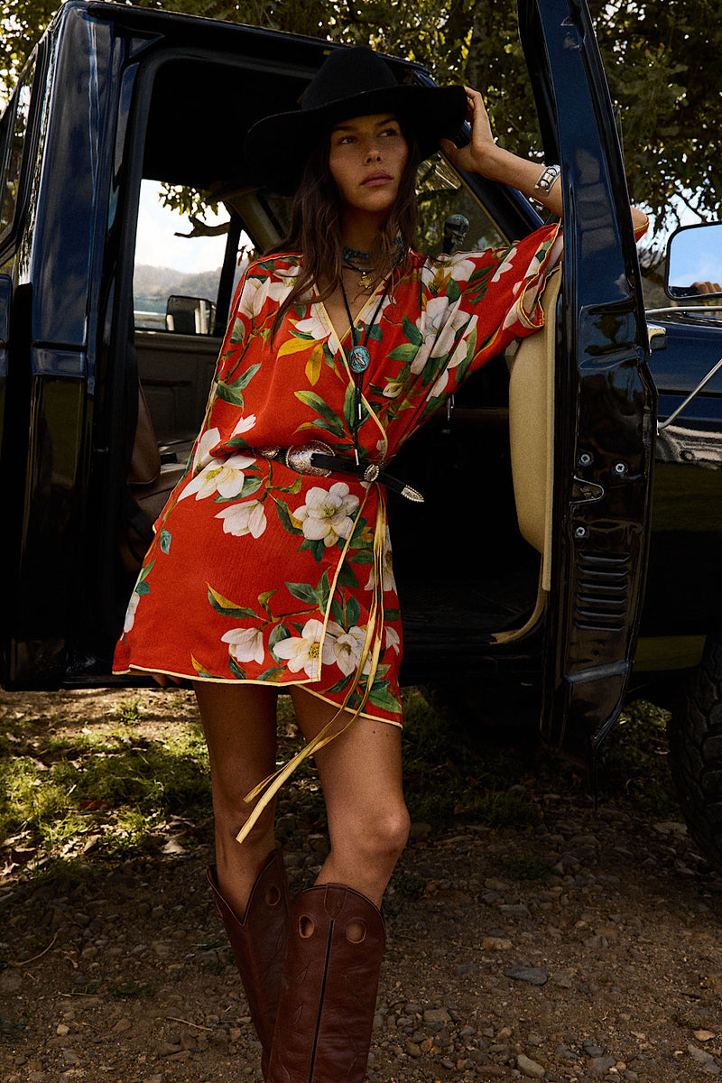 Sweet Talkin' Woman Silk Robe Wrap Dress - Red Floral