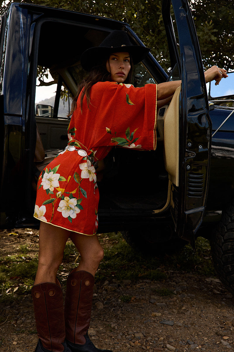 Sweet Talkin' Woman Silk Robe Wrap Dress - Red Floral