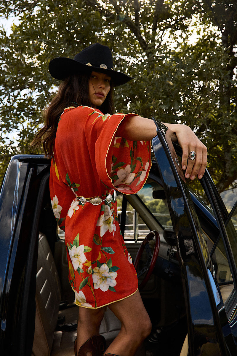Sweet Talkin' Woman Silk Robe Wrap Dress - Red Floral