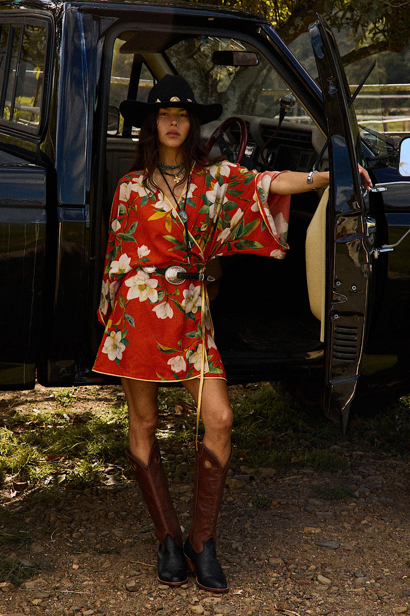 Sweet Talkin' Woman Silk Robe Wrap Dress - Red Floral