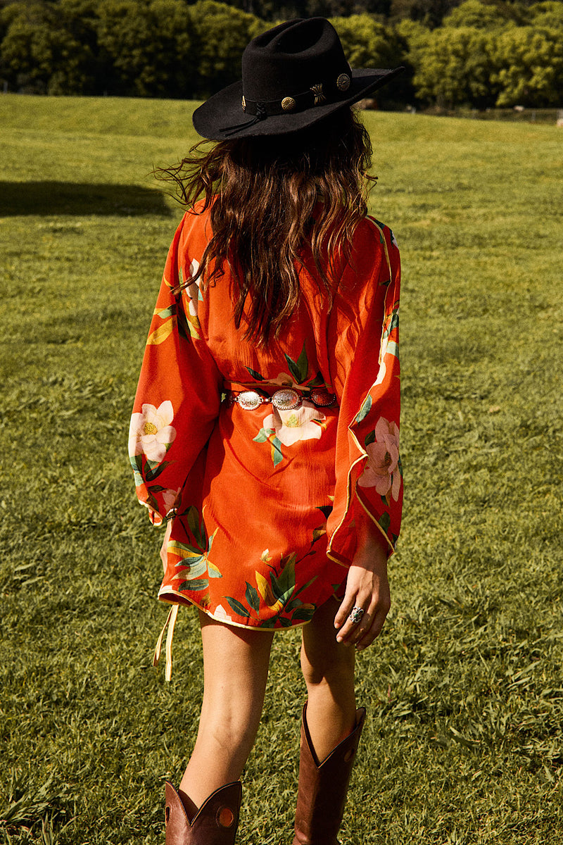 Sweet Talkin' Woman Silk Robe Wrap Dress - Red Floral