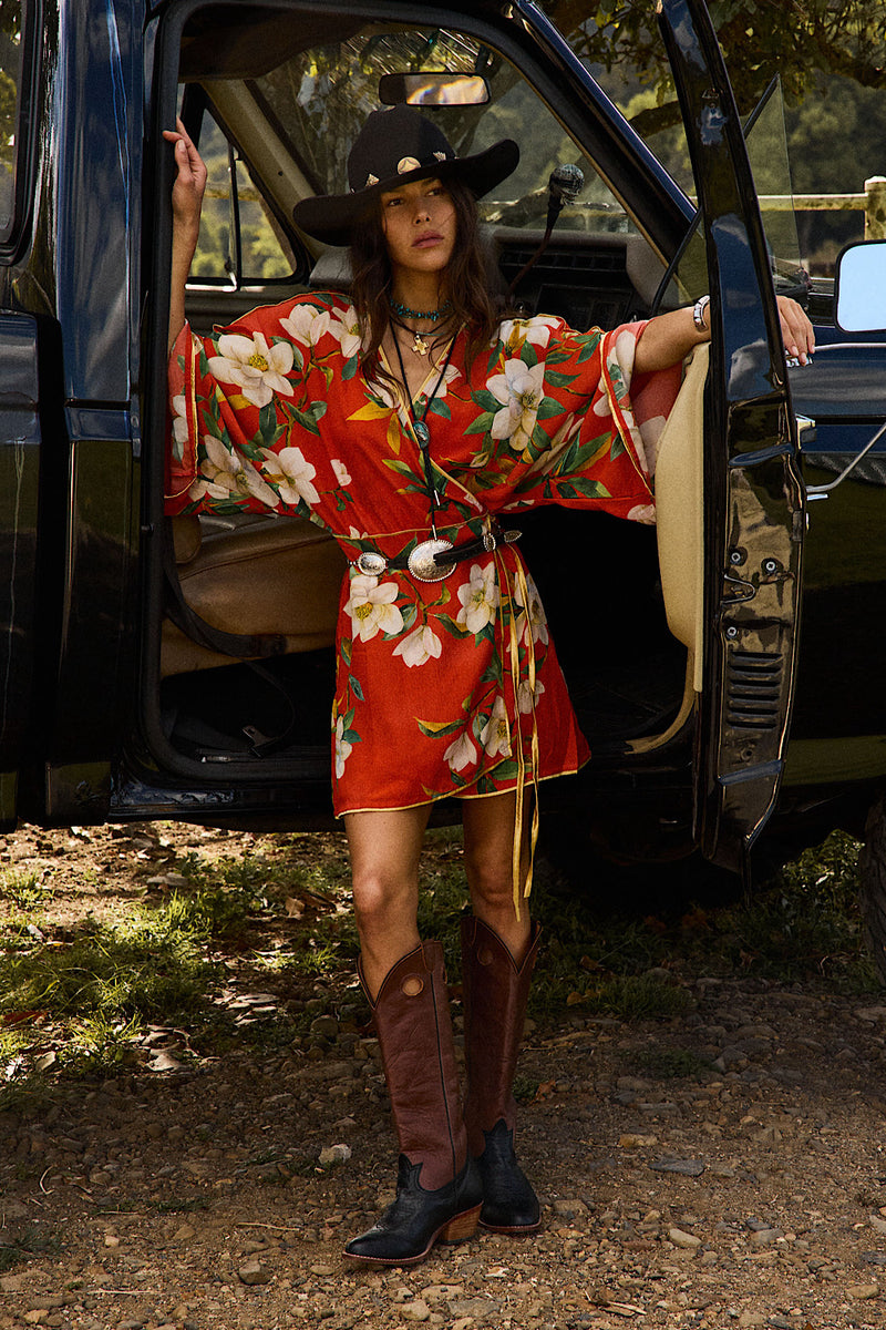 Sweet Talkin' Woman Silk Robe Wrap Dress - Red Floral