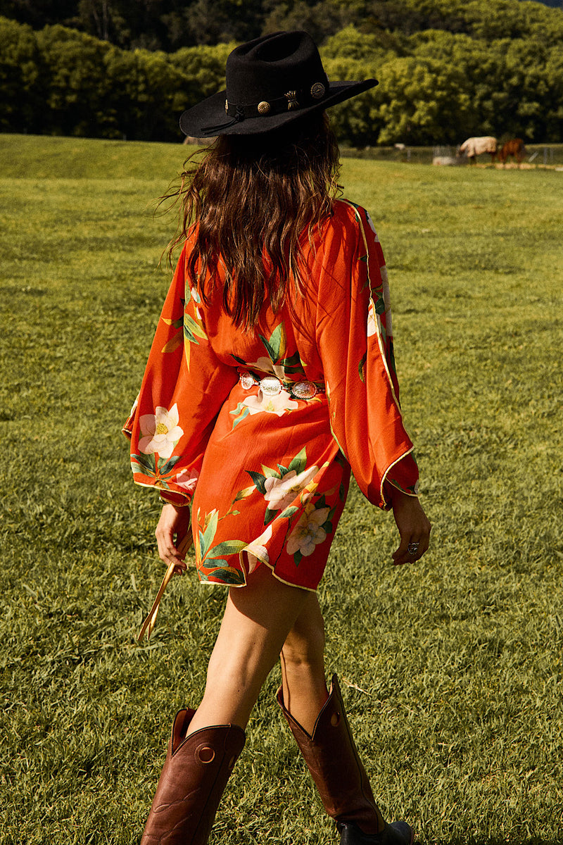 Sweet Talkin' Woman Silk Robe Wrap Dress - Red Floral