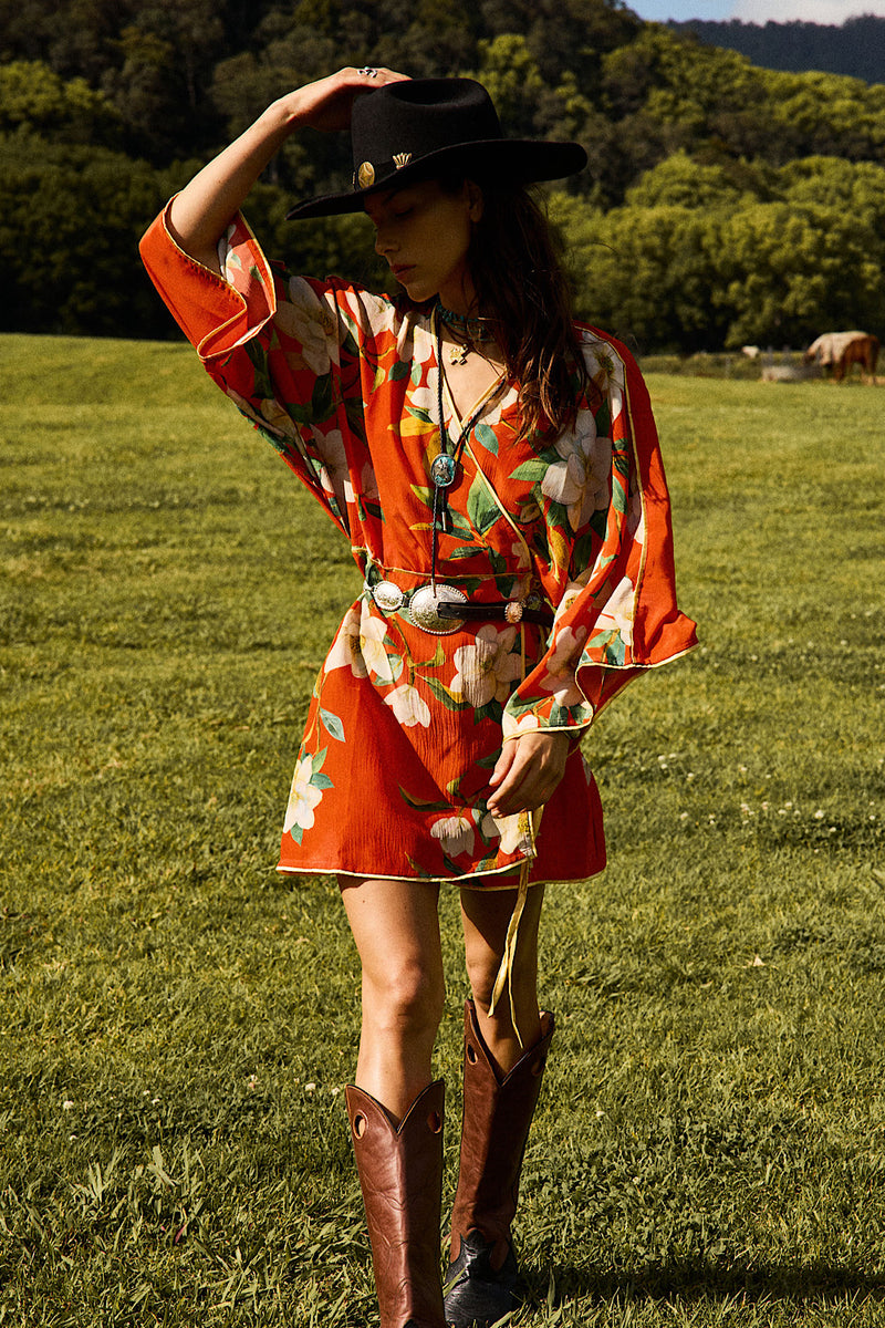 Sweet Talkin' Woman Silk Robe Wrap Dress - Red Floral