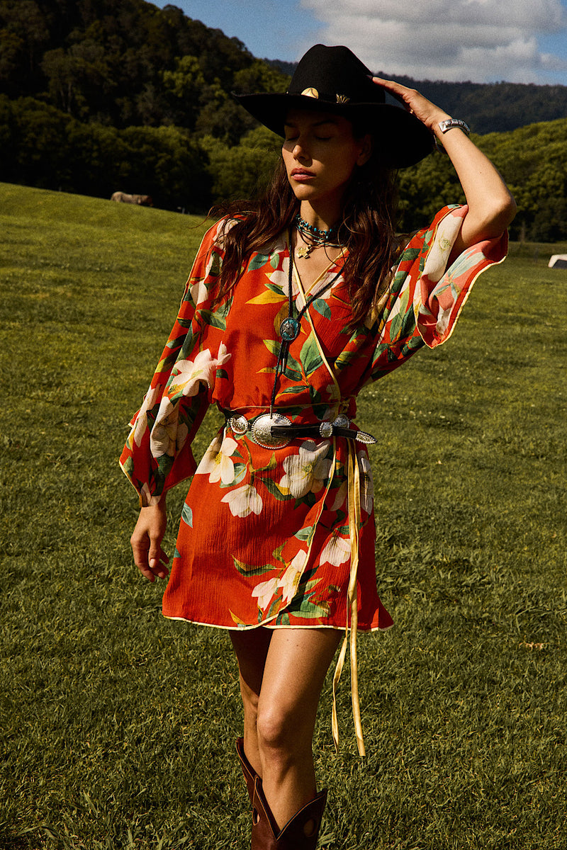 Sweet Talkin' Woman Silk Robe Wrap Dress - Red Floral
