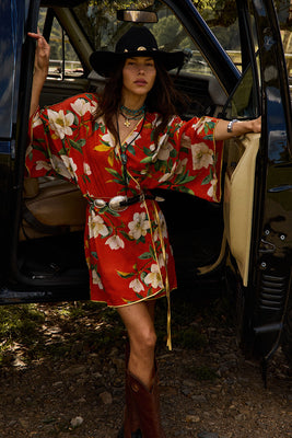 Sweet Talkin' Woman Silk Robe Wrap Dress - Red Floral