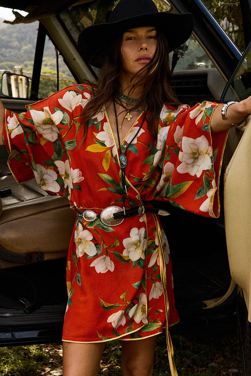 Sweet Talkin' Woman Silk Robe Wrap Dress - Red Floral