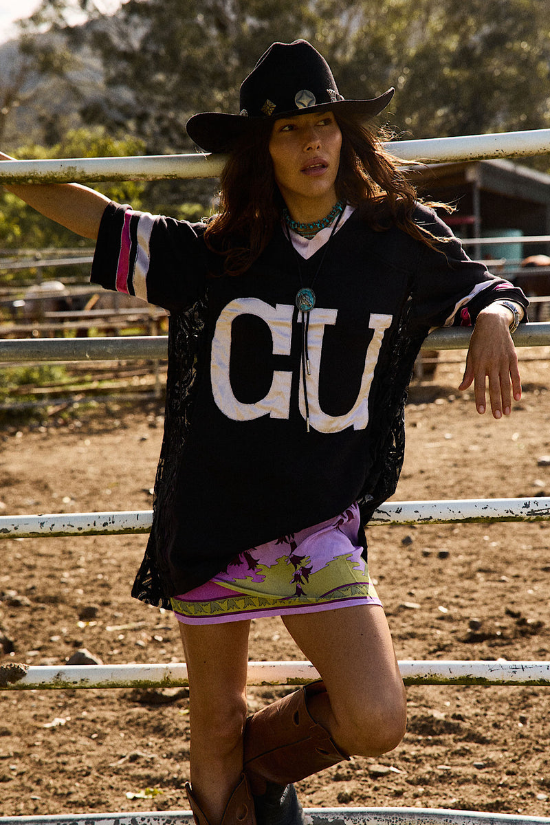 Boys of Summer Cotton, Lace + Silk Satin Tshirt - Black