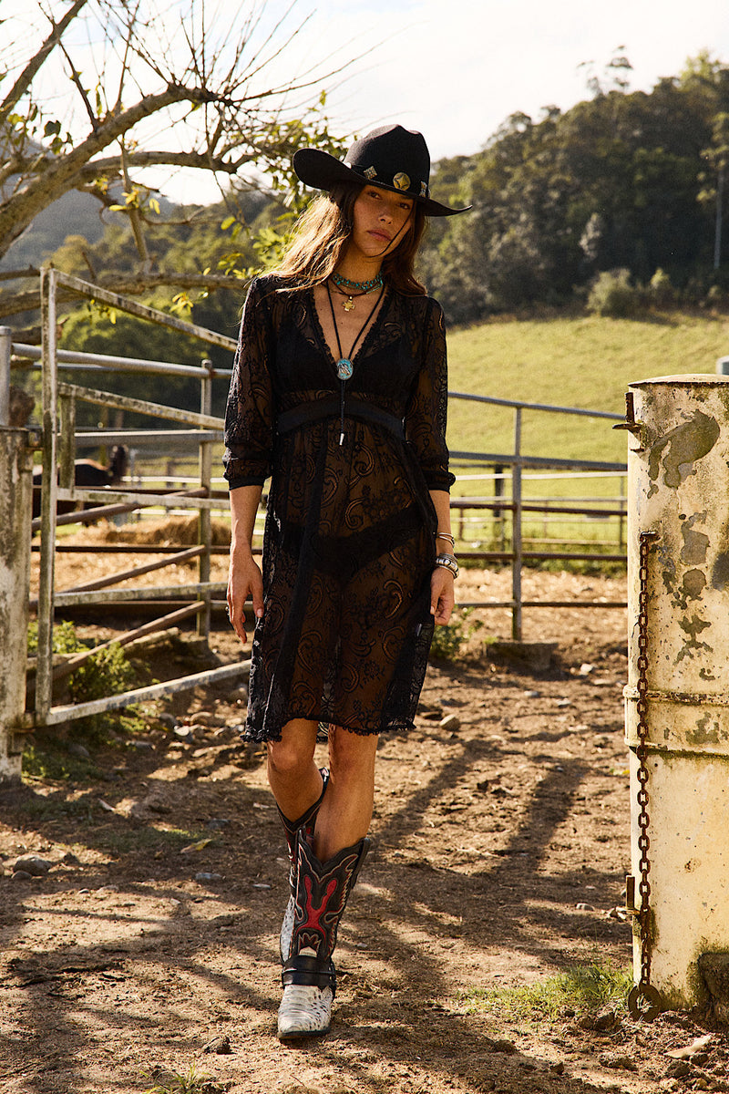 Midnight Lady Paisley Lace Midi Dress