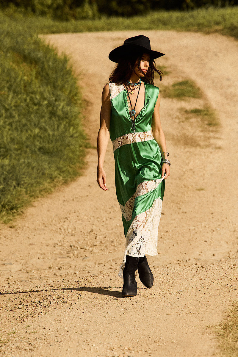 Valley Song Silk Satin + Lace Slip Dress - Emerald
