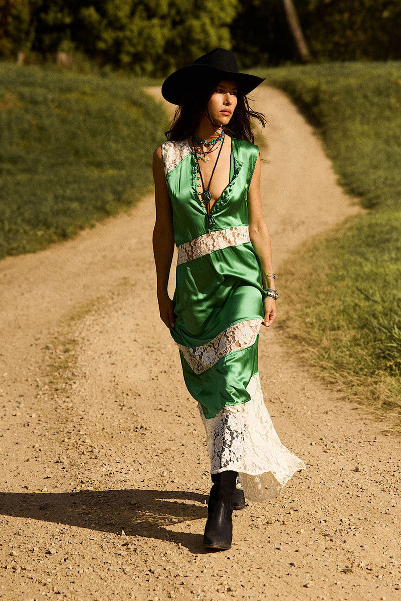 Valley Song Silk Satin + Lace Slip Dress - Emerald