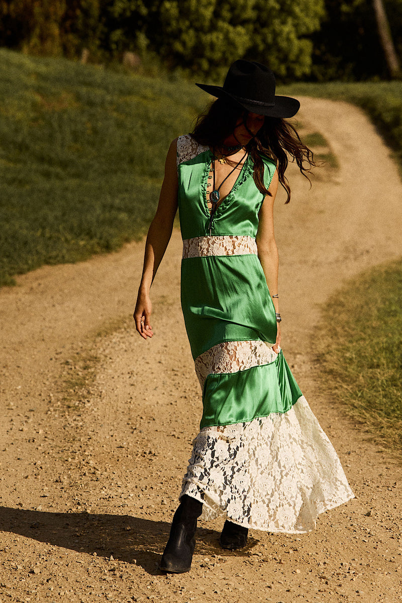 Valley Song Silk Satin + Lace Slip Dress - Emerald