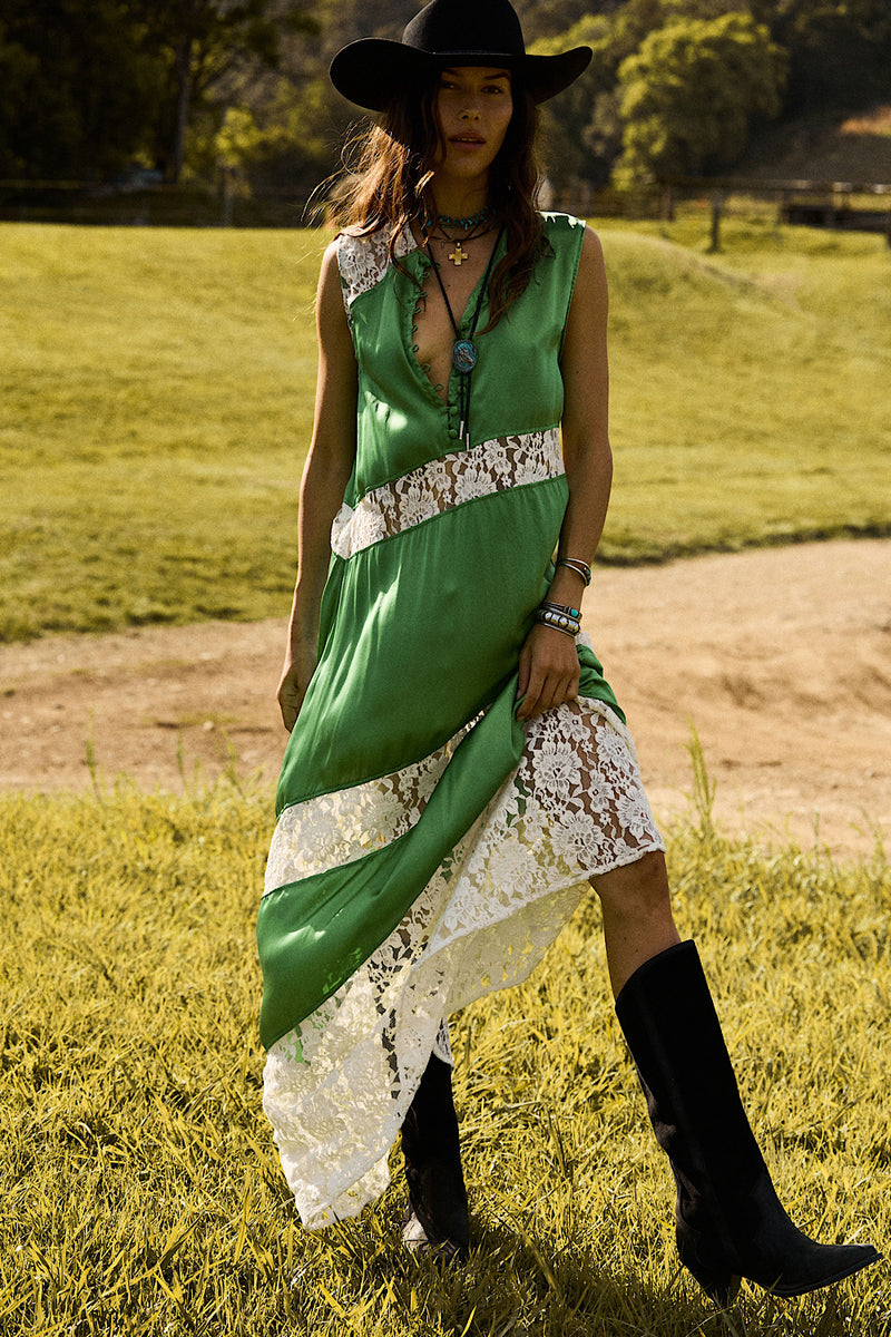 Valley Song Silk Satin + Lace Slip Dress - Emerald