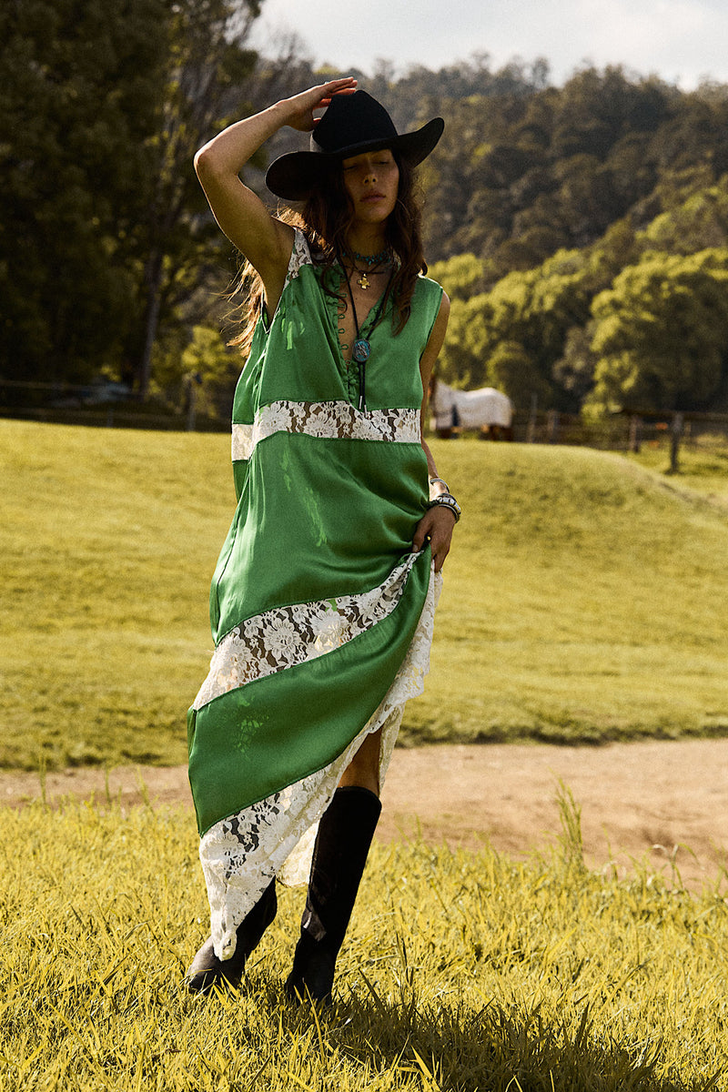 Valley Song Silk Satin + Lace Slip Dress - Emerald