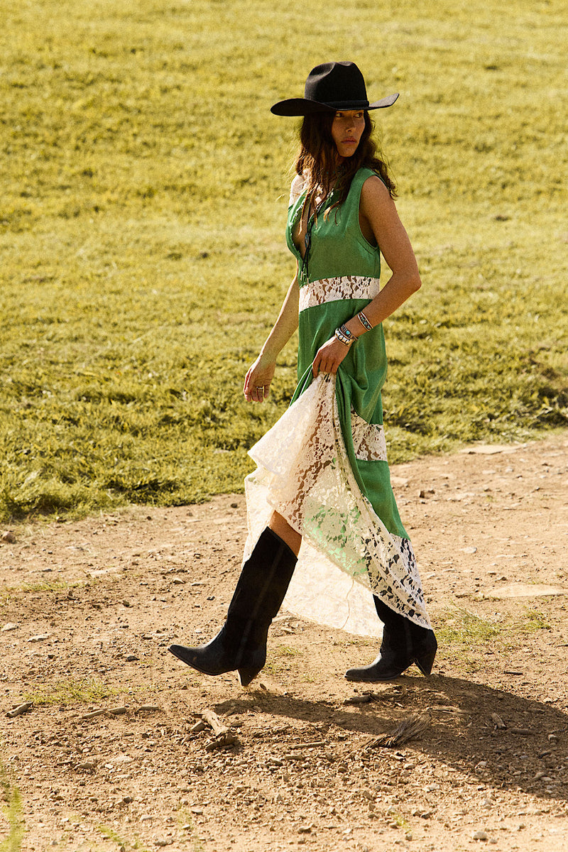 Valley Song Silk Satin + Lace Slip Dress - Emerald