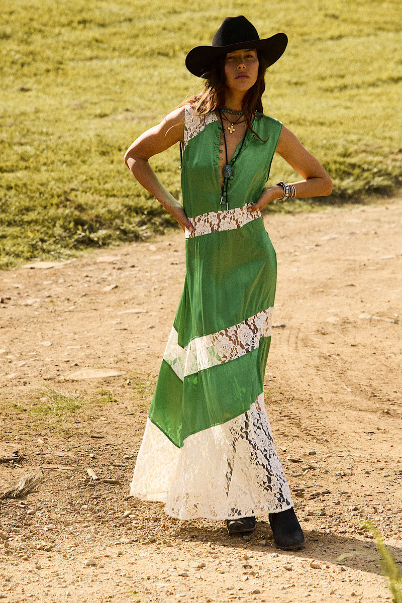 Valley Song Silk Satin + Lace Slip Dress - Emerald