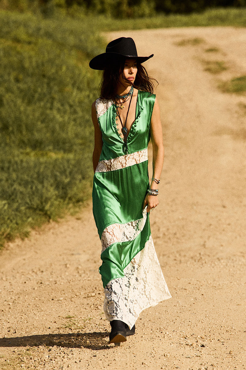 Valley Song Silk Satin + Lace Slip Dress - Emerald