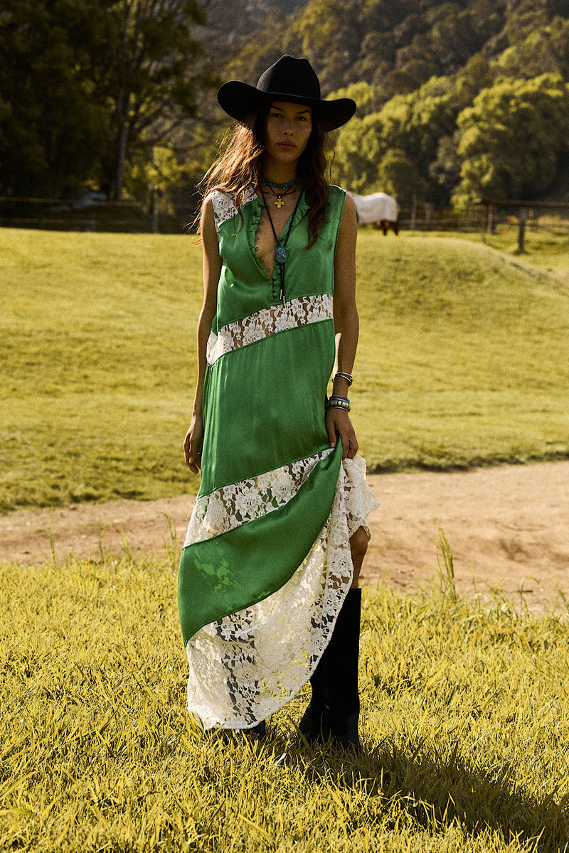 Valley Song Silk Satin + Lace Slip Dress - Emerald