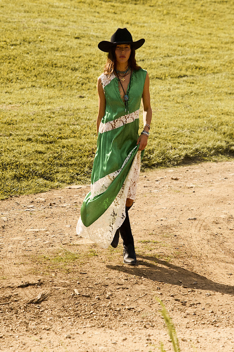 Valley Song Silk Satin + Lace Slip Dress - Emerald