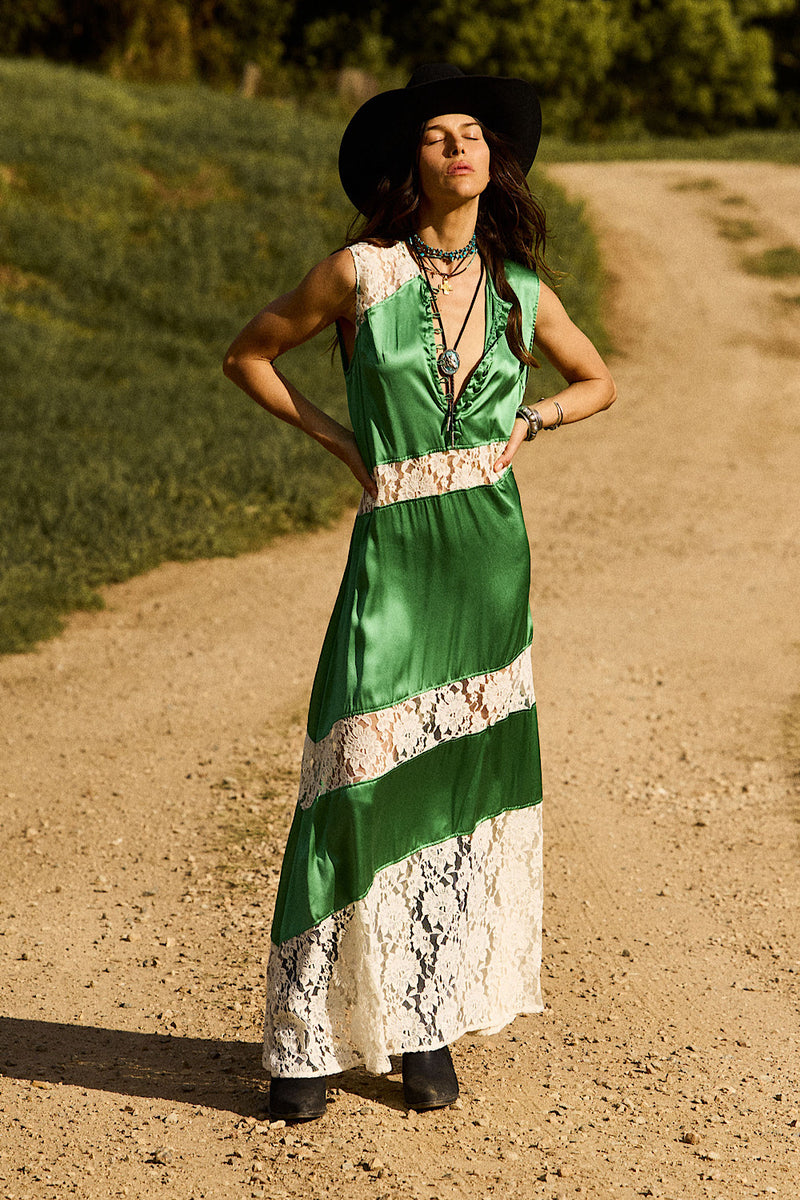 Valley Song Silk Satin + Lace Slip Dress - Emerald