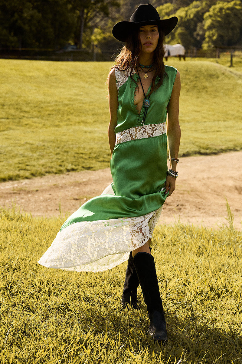 Valley Song Silk Satin + Lace Slip Dress - Emerald