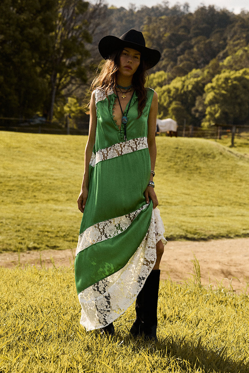 Valley Song Silk Satin + Lace Slip Dress - Emerald