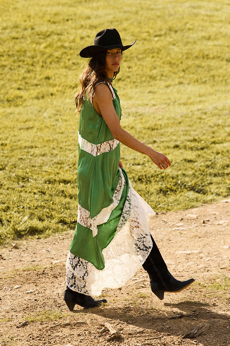Valley Song Silk Satin + Lace Slip Dress - Emerald