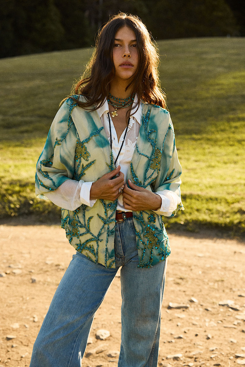 Starman Silk + Sequin Kimono Jacket - Aqua